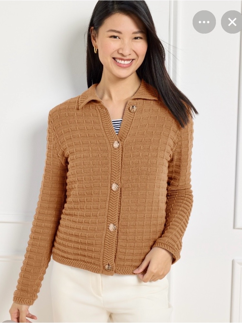 Talbots Cafe Brown Textured Knit Polo Cardigan Sweater Gold Crest Buttons Large